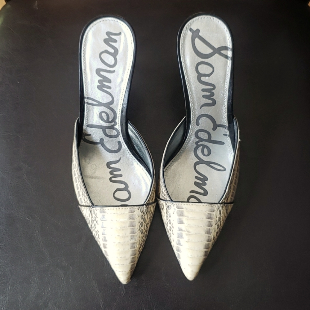 Size 7 Sam Edelman snake print pointed toe open back heels